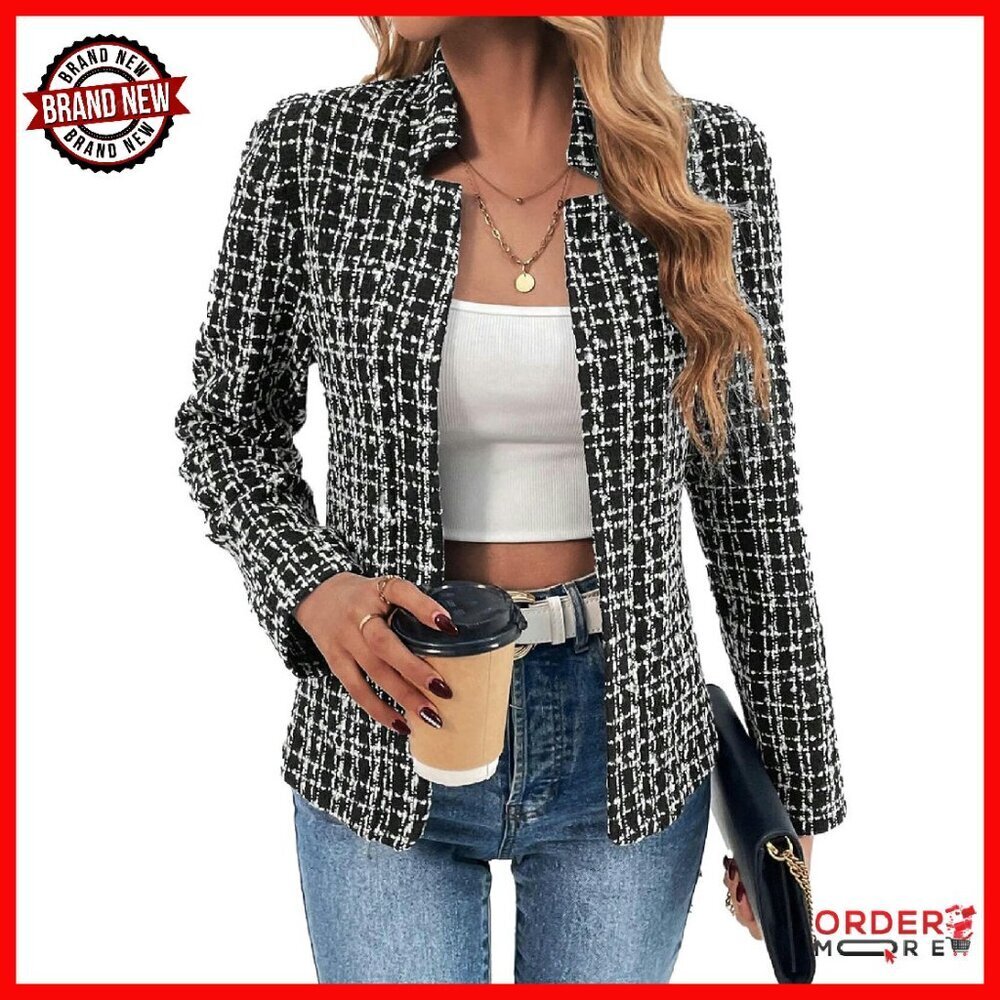 Women's Tweed Blazer Fully Lined Open Front Work Coat Size M